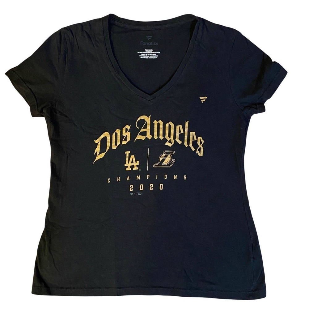 LA Lakers x Dodgers Dos Angeles Champions T Shirt Black V Neck Fanatics Wmns S